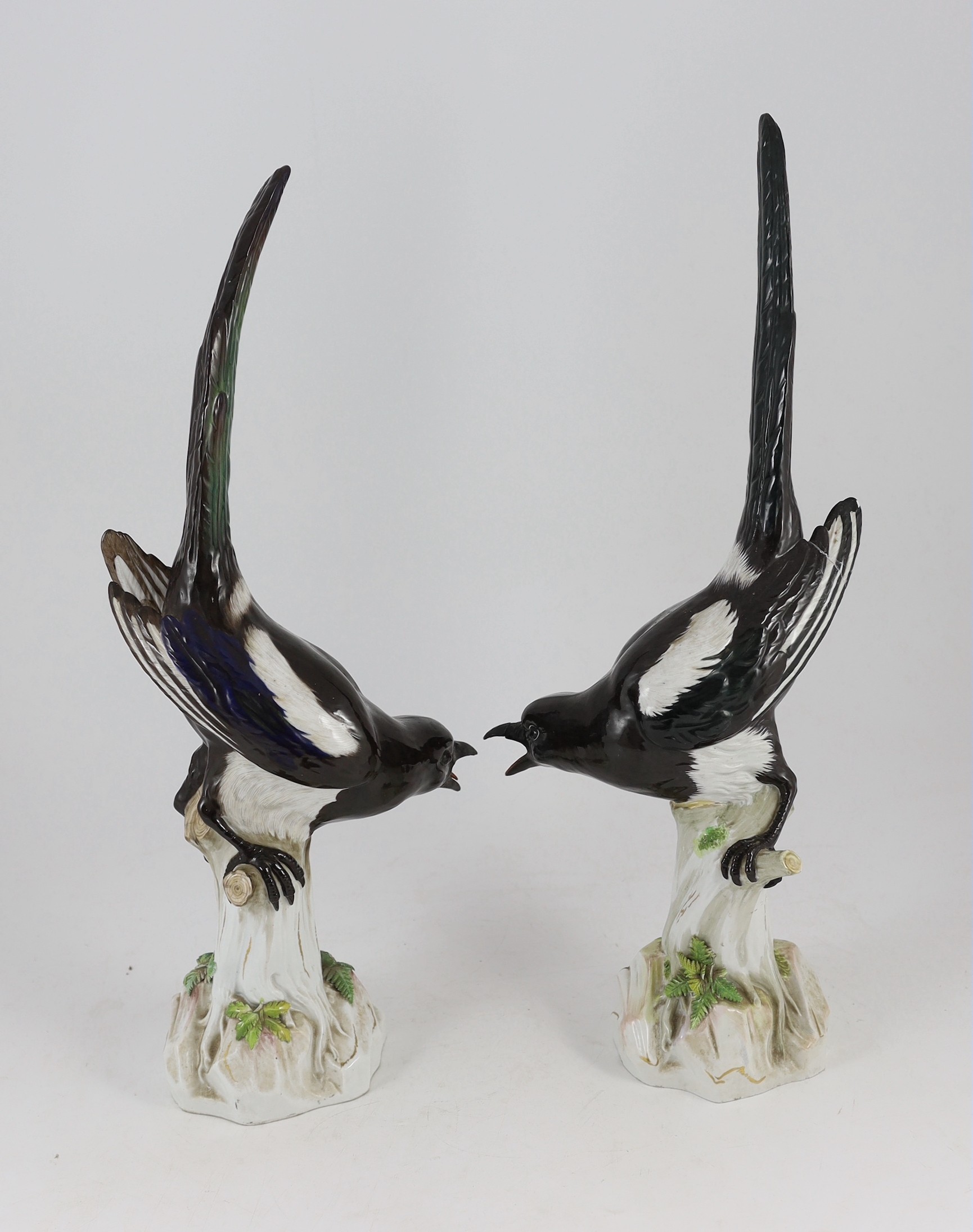 A pair of large Meissen figures of magpies, late 19th century, Tallest 53.5 cm, restorations